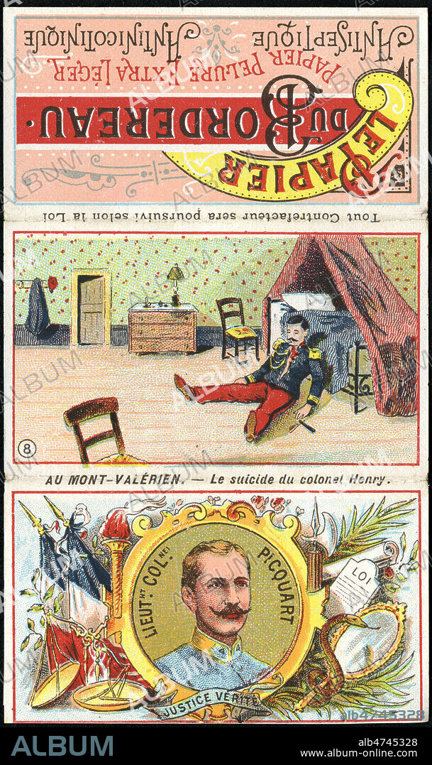 'Au mont-Valerien- Le suicide du colonel Henry.' - Lieutenant colonel PICQUART (1854-1914). Illustration anonyme vers 1906 pour une pochette de papiers a cigarette 'Le Papier du Bordereau.' Credit: Collection IM/KHARBINE-TAPABOR.