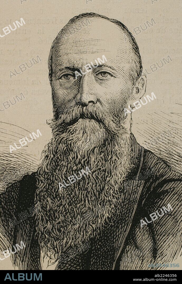 Augustus Le Plongeon (1825-1908) Fotógrafo, anticuario y arqueólogo amateur británico. Realizó estudios de diversos yacimientos arqueológicos precolombinos, particularmente de la civilización maya en la península de Yucatán. Grabado por Capuz. "La Ilustración Española y Americana", 1877.