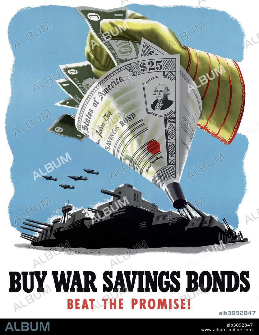 Digitally restored war propaganda poster. This vintage World War Two poster features U.S. dollars being pushed into a funnel made of U.S. war savings bonds. The money leaves the funnel turning into tanks and aircraft. It declares - Buy War Savings Bonds, Beat The Promise!.