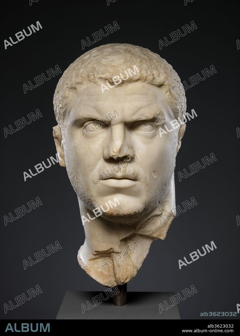 Marble portrait of the emperor Caracalla. Culture: Roman. Dimensions: H. 14 1/4 in. ( 36.2 cm). Date: A.D. 212-217.
Caracalla took the official name of M. Aurelius Antoninus Pius as part of the Severan dynasty's attempt to appear as the legitimate and worthy successors of the secondcentury Antonine emperors. Despite this, in his official portraiture, he abandoned the luxuriant hair and beard of his predecessors for a military style characterized by closely cropped curls and a stubble beard. An ancient source records that on his deathbed, his father Septimius Severus advised Caracalla to "enrich the soldiers and despise everyone else." This finely carved head is a powerful rendering of the official portrait and was probably produced at an imperial
workshop, since the statue fragments are said to have been found in Rome. It is from a statue, the legs of which also survive and are displayed in the Study Collection on the Mezzanine Floor.