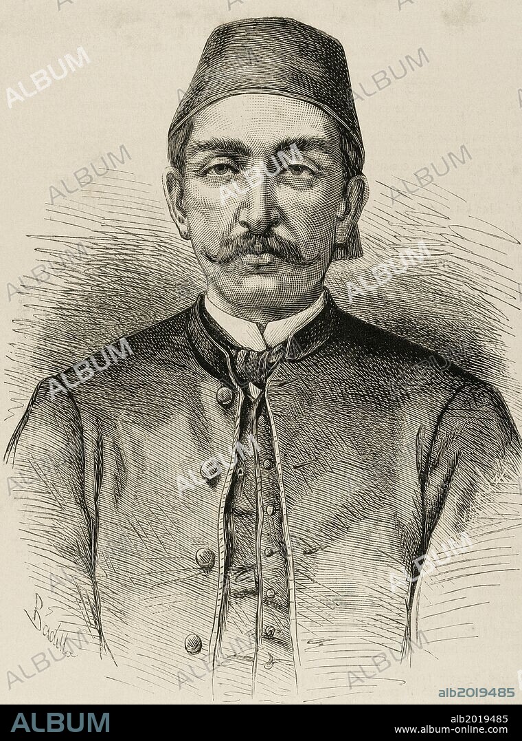 ABDUL-HAMID II (1842-1918). 34º Sultán del Imperio Otomano. El principal suceso de su reino fue la guerra Ruso-Turca (1877-1878). Como consequencia al "Tratado de San Stefano", se inició el desmembramiento del Imperio. Fué depuesto por la sublemación militar de los Jóvenes Turcos, para ser subtituido por su hermano Mehmed V. Grabado de "La Ilustración Española y Americana", Año 1876.