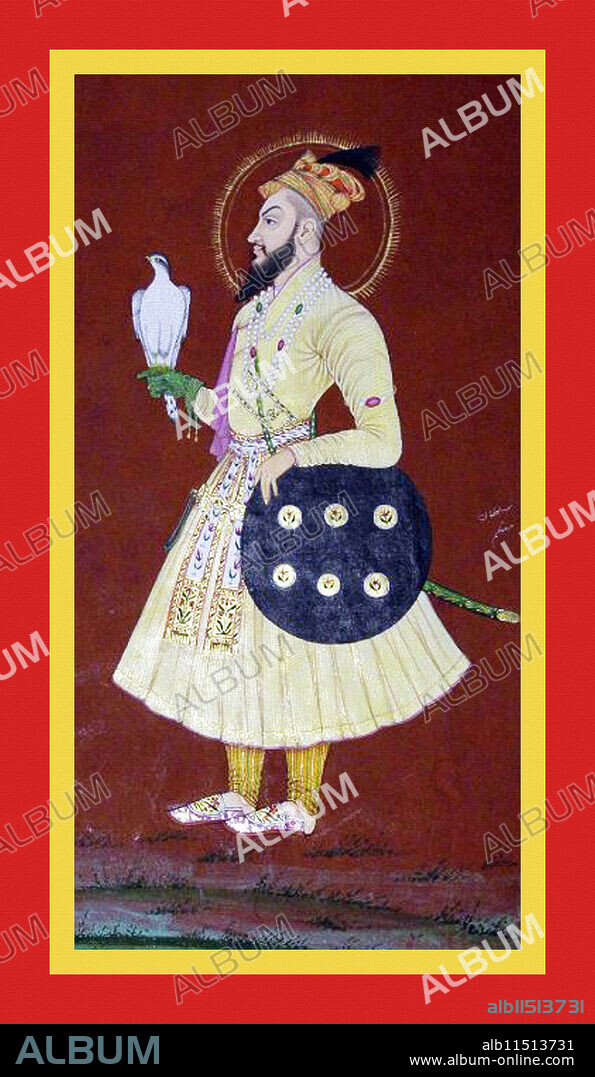 UNKNOWN. Sultan Muza??am, later Bahádur Shah stands wearing a yellow tunic, beplumed turban, embroidered sash, strands of jewels and carries a dagger at waist, a sword sheathed in green and a round shield. In his right hand, he holds a white falcon. Gold aureole accentuates head against dark red ground; basic blue sky and green landscape at top and bottom of image, respectively. Inscribed and caption below image.