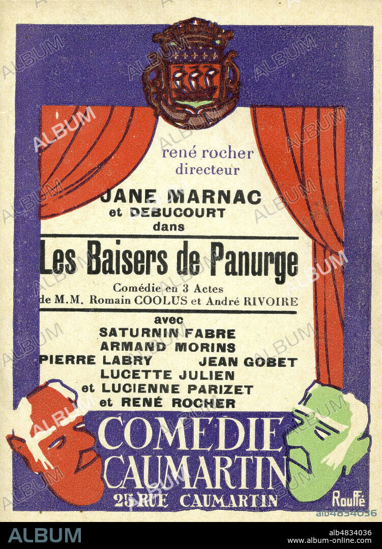 'Jane Marnac et Debucourt dans 'Les baisers de Panurge', comedie en 3 actes' jouee a la Comedie Caumartin. Illustration par ROUFFE pour une carte publicitaire vers 1925. Credit : IM/KHARBINE-TAPABOR.