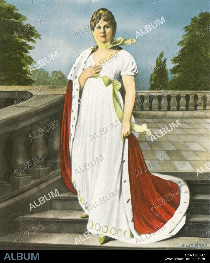 Queen Louise, (1936). 'Königin Luise'. Portrait of Duchess Louise of Mecklenburg-Strelitz (Luise Auguste Wilhelmine Amalie, 1776-1810), Queen consort of Prussia as the wife of King Frederick William III. From "Bilder Deutscher Geschichte", (Pictures of German History), No.12, cigarette card album. [Cigaretten-Bilderdienst, Altona-Bahrenfeld, Hamburg, Germany, 1936].