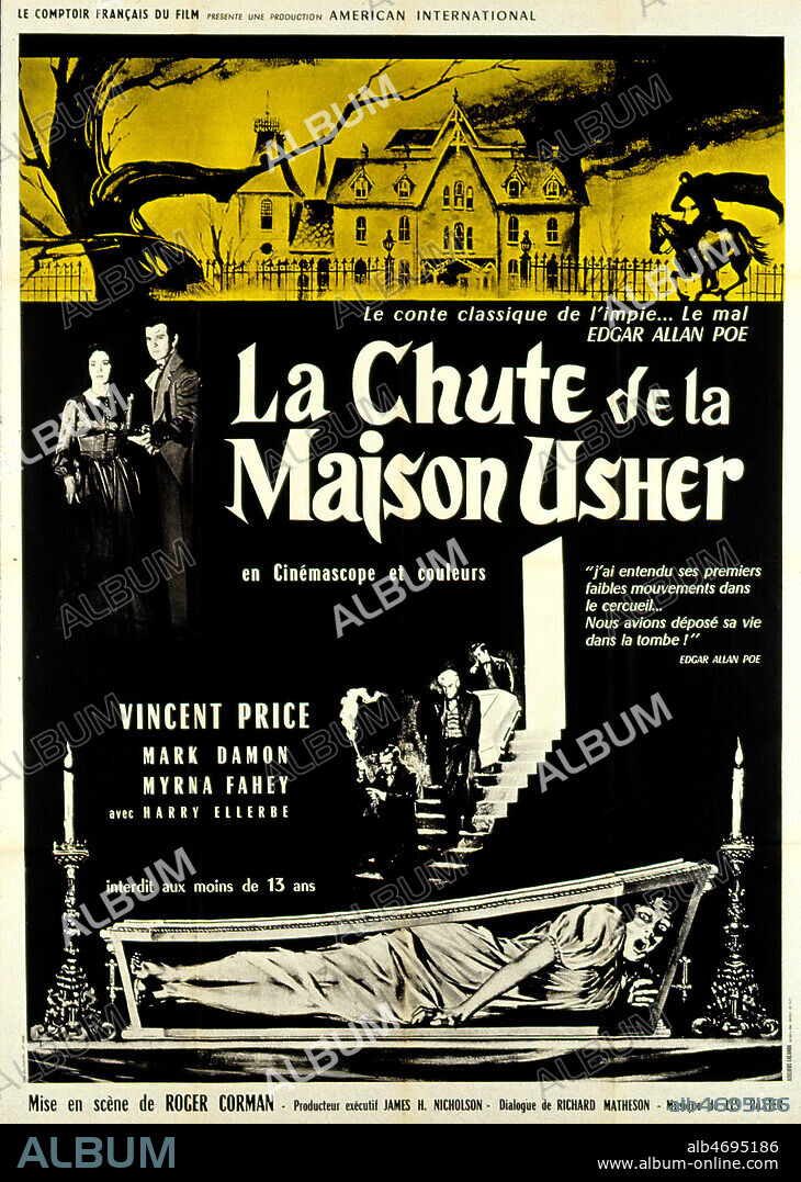 Affiche du film 'La chute de la maison Usher ' realise en 1960 par Roger CORMAN (ne en 1926) d'apres Edgar Allan POE (1809-1849) avec Vincent PRICE, Mark DAMON et Myrna FAHEY. Credit : Coll. Perron/KHARBINE-TAPABOR.