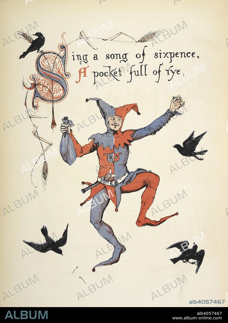 WALTER CRANE. Sing a song of sixpence, a pocket full of rye. The nursery rhyme picture book ... London : George Routledge and Sons, [1883]. Source: 12810.d.57 page 1.