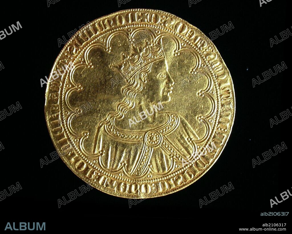 NUMISMATICA. MONEDA MEDIEVAL CRISTIANA. GRAN DOBLA DE DIEZ DOBLAS DE ORO, DE PEDRO I DE CASTILLA. ANVERSO. BUSTO DEL REY CON CORONA Y MANTO REAL RODEADO DE UN CIRCULO DE PUNTOS Y DIEZ Y SEIS SEMICIRCULOS. (DEPOSITO: MUSEO.