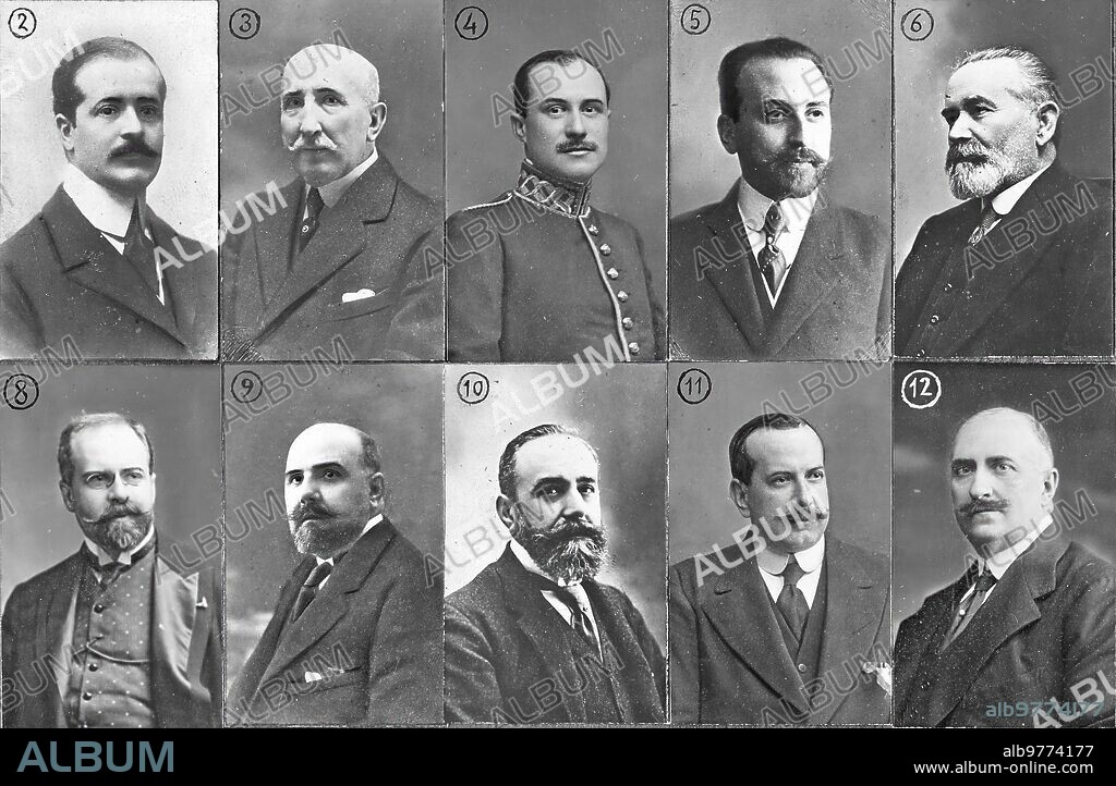 ALFONSO SÁNCHEZ PORTELA. Junio 1917. Los Altos Cargos. 1. -D. Abilio Calderón, gobernador civil de Madrid; 2. -el Marqués de santa Cruz, subsecretario de la Presidencia; 3. -don Manuel Sáenz de Quejana, subsecretario de Gobernación; 4. -D. José jorro Miranda, subsecretario de instrucción Pública; 5. -D. Mariano Ordóñez García, subsecretario de Hacienda; 6. -D. Eloy Bullón, director de primera Enseñanza; 7. -D. Manuel Argüelles, director de Aduanas; 8. -D. Emilio Ortuño, director de Comunicaciones, 9. -D. José Martínez Acacio, director de Administración; 10. -D. Justino Bernard, director de Contribuciones; 11. -D. Felipe Carlos Bas, representante del gobierno en la Tabacalera; 12. -D. José del prado y Palacio, alcalde de Madrid.