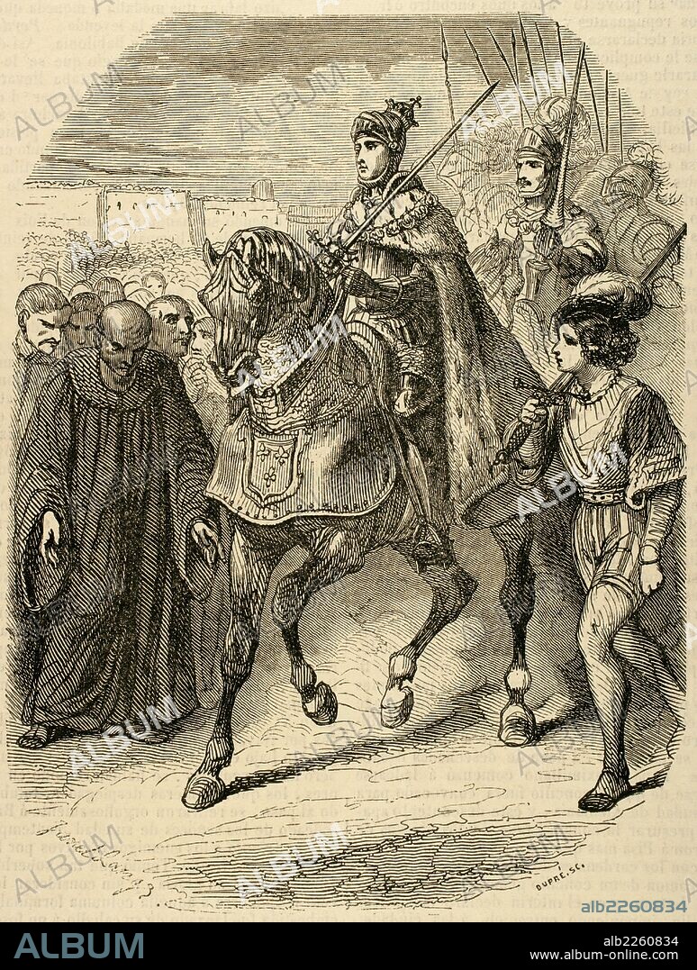 LOUIS DUPRE. LUIS XII (Blois, 1462-París, 1515). Rey de Francia (1498-1515), hijo de Carlos de Orleans y duque de Orleans desde el año 1465. "Entrada de Luís XII en la ciudad de Génova". Grabado por Dupré. Biblioteca Universal. Ediciones Populares, 1851.