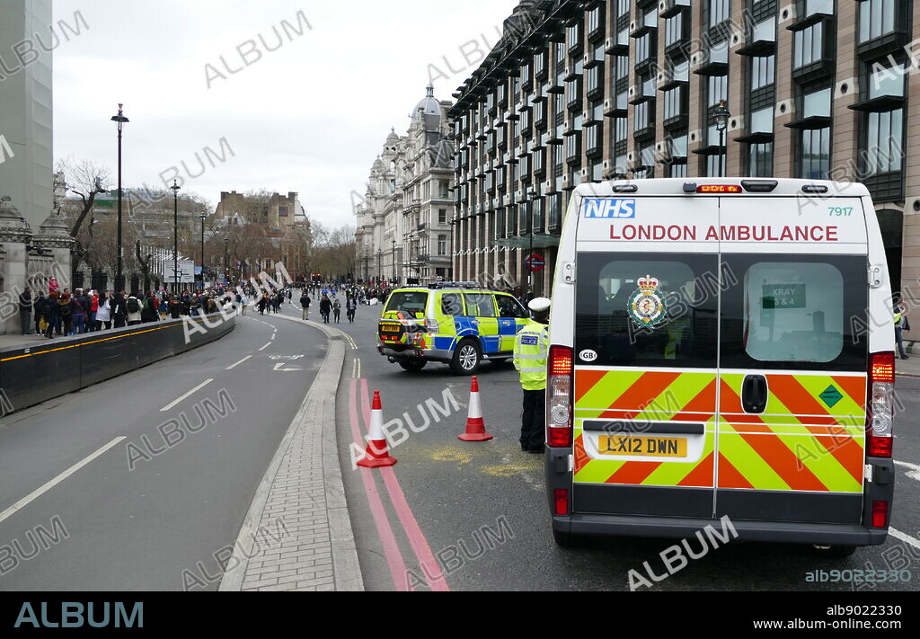 Ambulance and Police vehicles block an entry route to the 'People's Vote' march in Parliament Square, London. The People's Vote march took place in London on 23 March 2019 as part of a series of demonstrations to protest against Brexit, call for a new referendum, and ask the British Government to revoke Article 50. It brought to the capital hundreds of thousands of protestors, or over a million people according to the organizers.