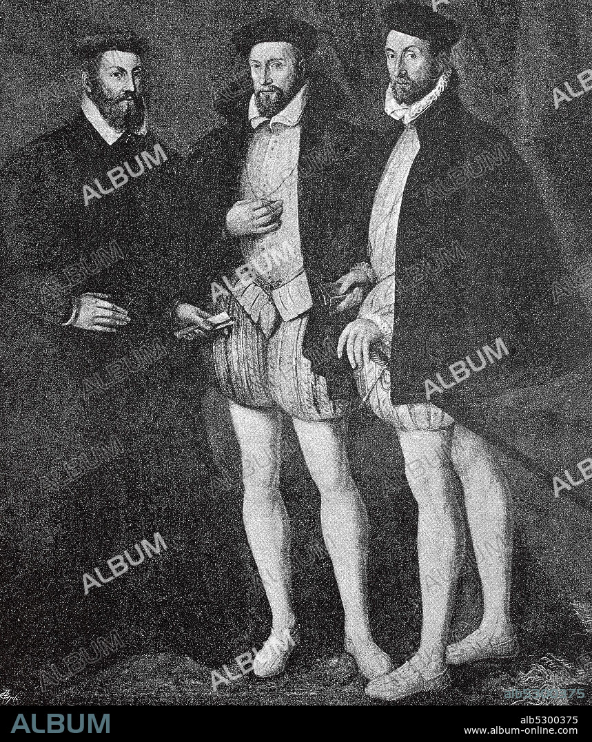 The three brothers of Chatillon-Coligny: Odet de Coligny, Cardinal von Chatillon, 1517-1571, a French Huguenot leader, Gaspard II. De Coligny, Comte de Coligny, Pair of France, 1519-1572, a French nobleman, admiral and Huguenot leader, Francois de Coligny-d'Andelot, 1521-1569, Colonel general of the French infantry.