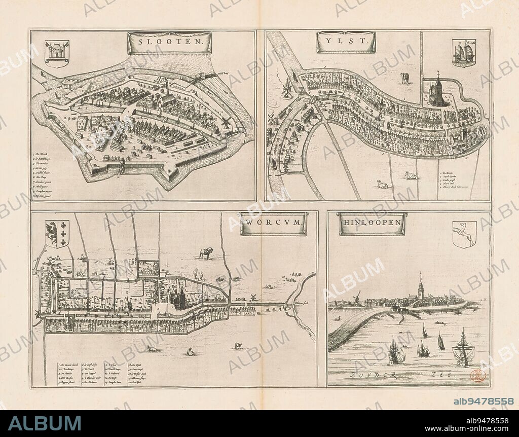 Maps of Sloten, IJlst and Workum, cityscape of Hindeloopen, Slooten, Ylst, Worcum, Hinloopen (title on object), Top left map of Sloten in bird's eye view, with the town's coat of arms and legend. Top right map of IJlst in bird's eye view, with the town's coat of arms and legend. Bottom left map of Workum in bird's eye perspective, with the city's coat of arms and legend. Bottom right cityscape of Hindeloopen, with the city's coat of arms. On verso Dutch text., print maker: anonymous, publisher: Johannes Willemszoon Blaeu, Amsterdam, 1652, paper, engraving, etching, letterpress printing, height 396 mm × width 507 mm.