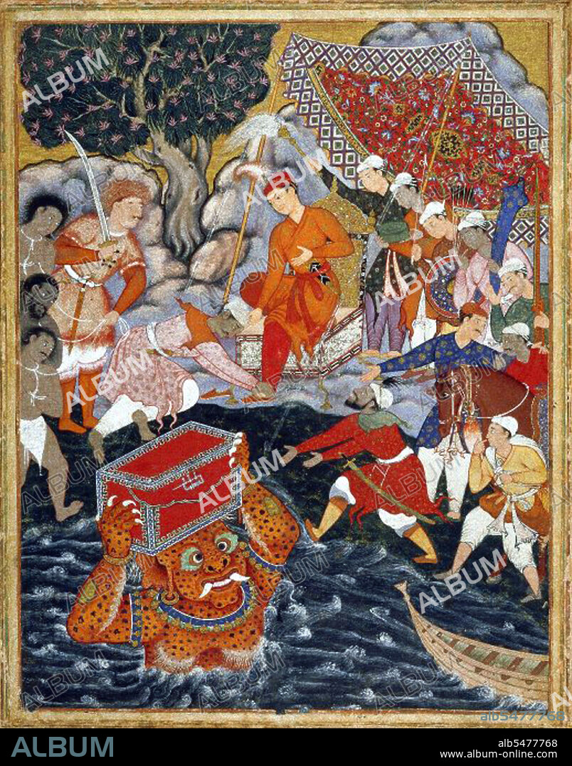 The Hamzanama or Dastan-e-Amir Hamza (Adventures of Amir Hamza) narrates the mythical exploits of Amir Hamza, the uncle of the prophet of Islam. Most of the story is extremely fanciful, memorably described by the first Moghul Emperor Babur as: 'one long far-fetched lie, opposed to sense and nature'. Yet the Hamzanama proved enduringly popular with Babur's grandson, the third Mughal Emperor Akbar, who commissioned a magnificent illustrated version of the epic in c.1562, from which this miniature is taken. The text augmented the story, as traditionally told in dastan performances. This romance originated more than 1,000 years ago, probably in Persia, and subsequently spread throughout the Islamic world in oral and written forms. The Dastan (story telling tradition) about Amir Hamza persists far and wide up to Bengal and Arakan (Burma) due to Hamza's supposedly widespread travelling in Persia, eastern India, the Himalayas, Bengal, Manipur, Burma and perhaps Malaysia in his youth, or before he embraced Islam in 616.