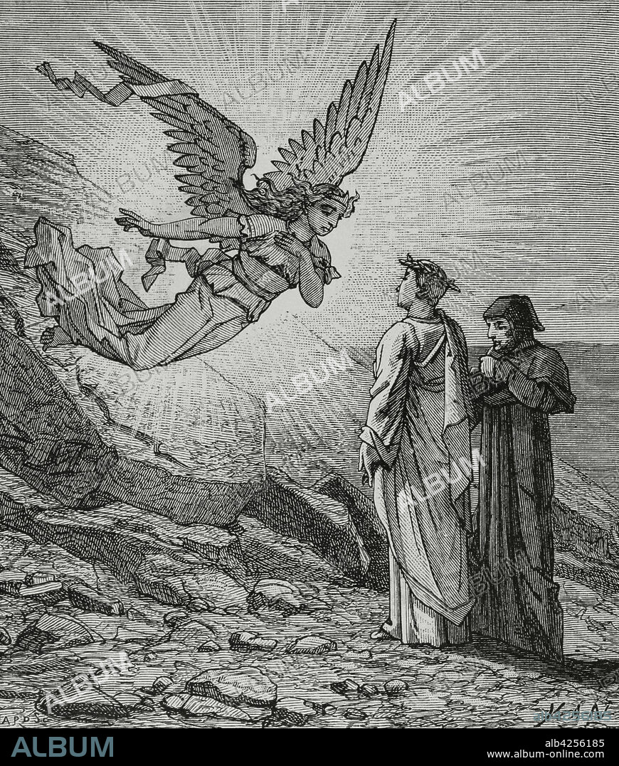 JEAN-EDOUARD DARGENT. KNOWN AS YANN DARGENT (1824-1899). FRENCH ARTIST.. La Divina Comedia (1307-1321). Poema épico escrito por el poeta italiano Dante Alighieri (1265-1321). El Purgatorio. "La hermosa criatura venía en nuestra dirección..." Ilustración por Yann Dargent (1824-1899). Grabado. Publicada en París, 1888.