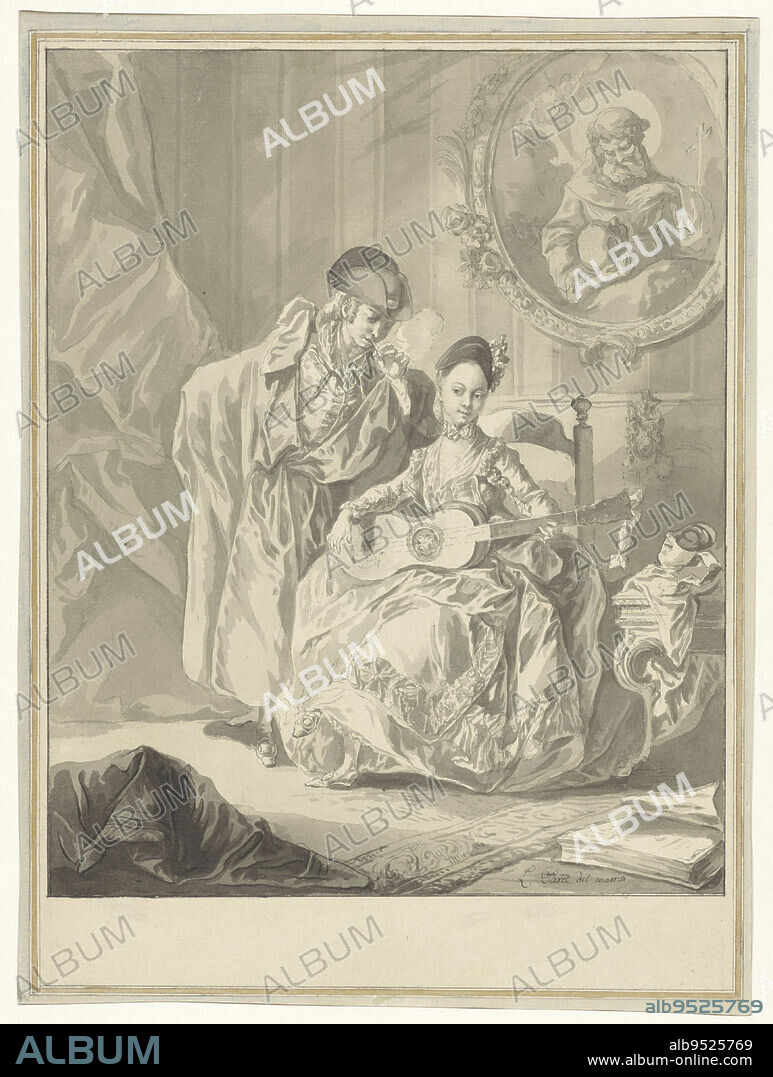 Seated guitar player and standing smoking man in an interior, draughtsman: Luis Paret y Alcázar, 1756 - 1799, paper, pen, brush, h 344 mm × w 254 mm.