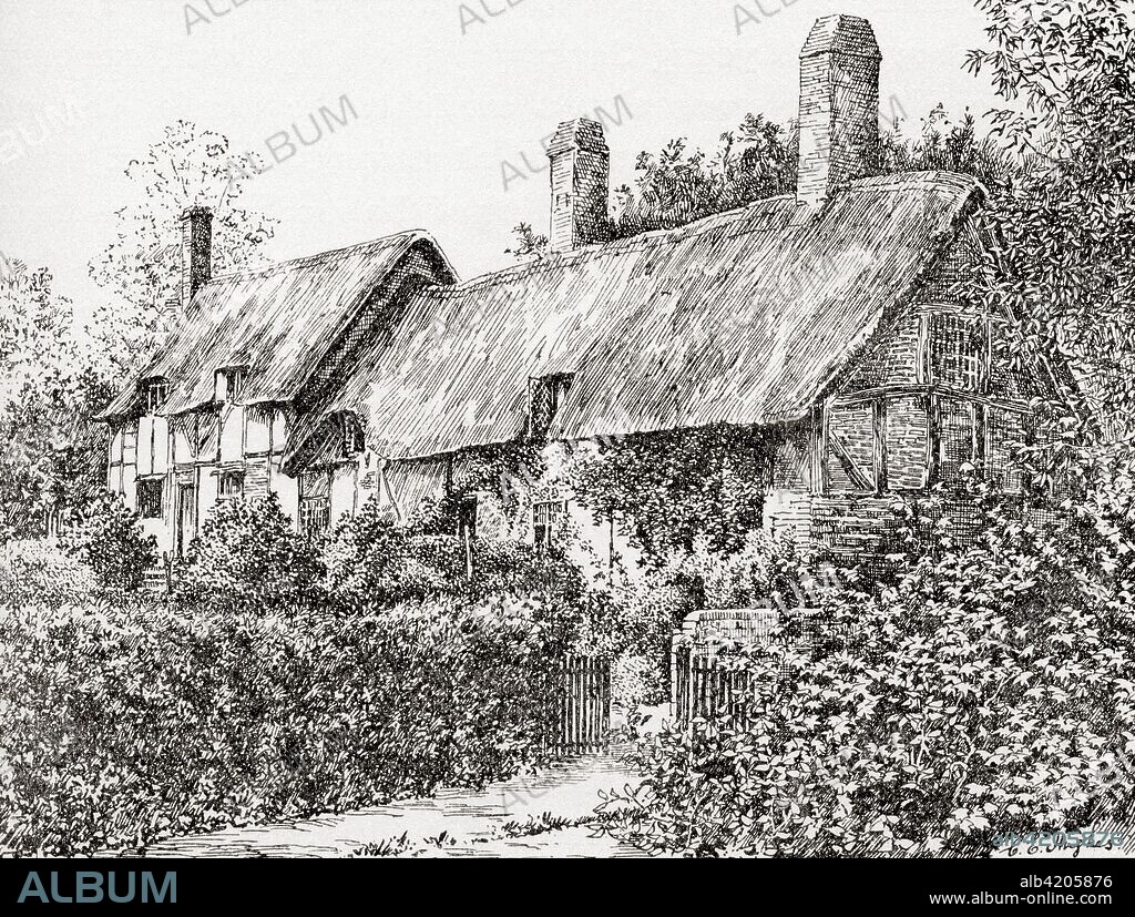 Anne Hathaway's Cottage, Stratford-upon-Avon, England.  Anne Hathaway, 1556 - 1623.  Wife of William Shakespeare, 1564 (baptised) - 1616.  English poet, playwright and actor.  From A Life of William Shakespeare, published 1908.