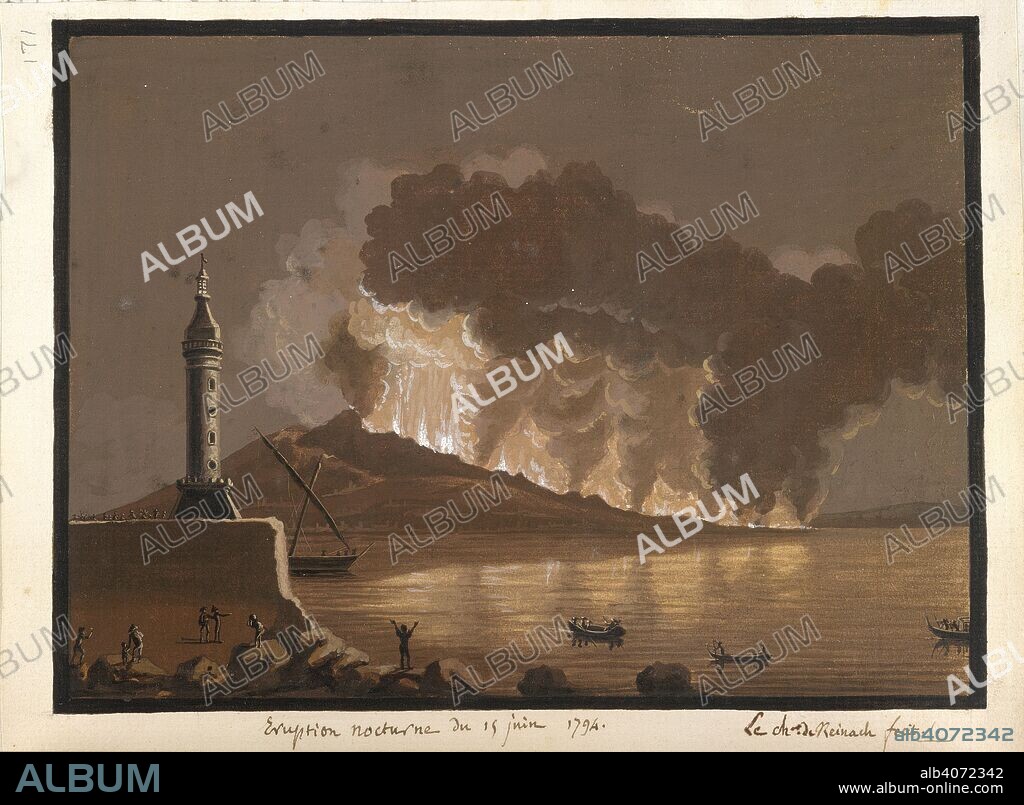 Eruption of Mount Vesuvius. Description of Europe, Vol. III. S. Italy [Naples]; 1794. [Whole drawing] View of a night eruption of Mount Vesuvius, 15 June 1794  Image taken from Description of Europe, Vol. III.  Originally published/produced in S. Italy [Naples]; 1794. . Source: Add. 64101, f.171. Language: French.