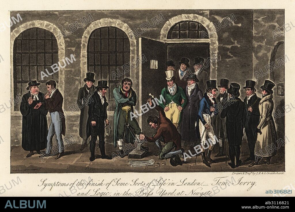 English dandies visiting a condemned man having his shackles removed by a blacksmith in the Press Yard at Newgate Prison. Symptoms of the finish of Some Sorts of Life in London. Handcoloured copperplate engraving by Isaac Robert Cruikshank and George Cruikshank from Pierce Egan's Life in London, Sherwood, Jones, London, 1823.