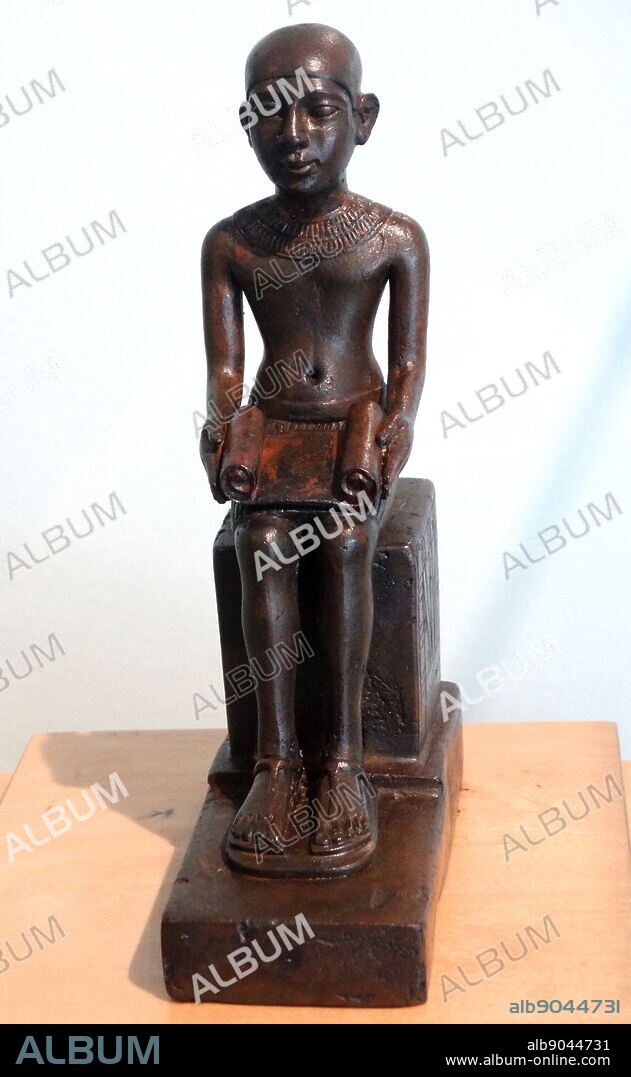 Depiction of the god Imhotep. Bronze. 26th Dynasty (664-525 BC). Imhotep, High Priest of Re in Heliopolis and builder of the first pyramid in Egypt for his king Djoser (3rd Dynasty).