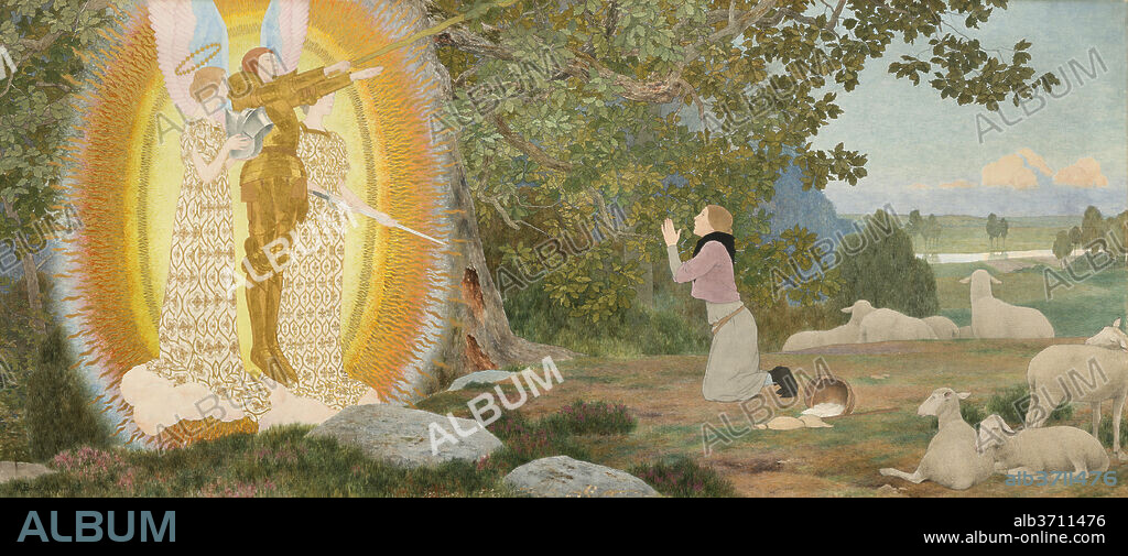 LOUIS MAURICE BOUTET DE MONVEL. The Vision and Inspiration (Joan of Arc series: I). Dated: c. 1907-early 1909. Dimensions: overall: 75.57 × 168.91 cm (29 3/4 × 66 1/2 in.)  framed: 98.43 × 193.04 × 10.16 cm (38 3/4 × 76 × 4 in.). Medium: oil and gold leaf on canvas.