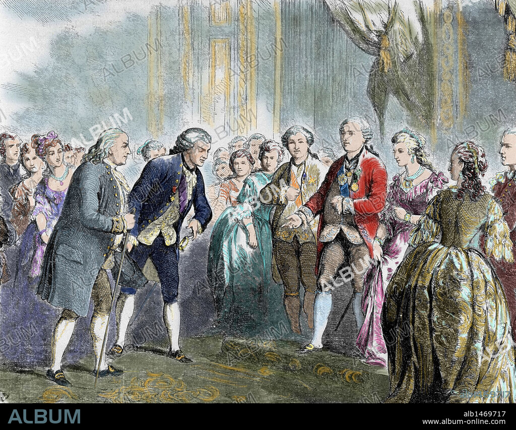 FRANKLIN, Benjamin (Boston,1706-Filadelfia,1790). Estadista y científico estadounidense. Inventó la estufa o calorífico que lleva su nombre, el reloj de Fergusson y las lentes bifocales. En el año 1776 redactó, junto a Jefferson y J. Adams, la Declaración de Independencia de los Estados Unidos de América. FRANKLIN EN PARIS. PRESENTACION ANTE LOS REYES DE FRANCIA, LUIS XVI Y MARIA ANTONIETA. Grabado coloreado.