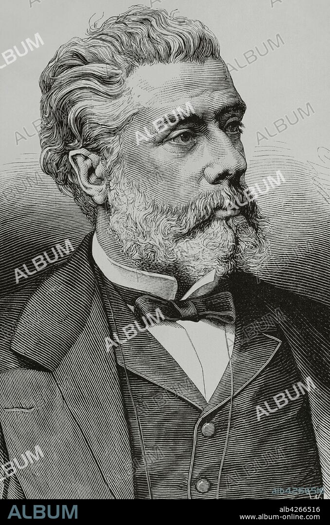 Victor Balaguer Cirera (1824-1901). Spanish writer, historian and politician. One of the main figures of the Renaixena or Catalan Renaissance. From 1843 to 1868 he led the Liberal Party in Barcelona. Portrait of Victor Balaguer as honorary president of the Instituto Nacional del Trabajo (National Labour Institute). Engraving by Tom‡s Carlos Capuz (1834-1899). Engraving. La Ilustracion Espa–ola y Americana, 1881.