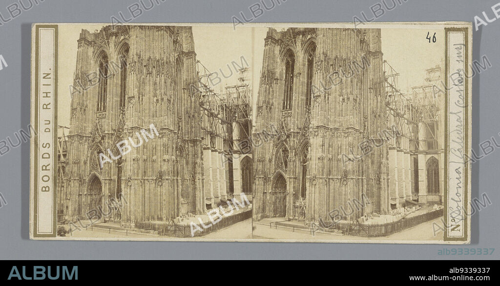 Southwest facade of the Cologne Cathedral, Cologne (Prusse), Cathédrale (Côte Sud-Ouest) (title on object), Bords du Rhin (series title), Alexandre Bertrand (possibly), Cologne, c. 1865, cardboard, albumen print, height 85 mm × width 170 mm.