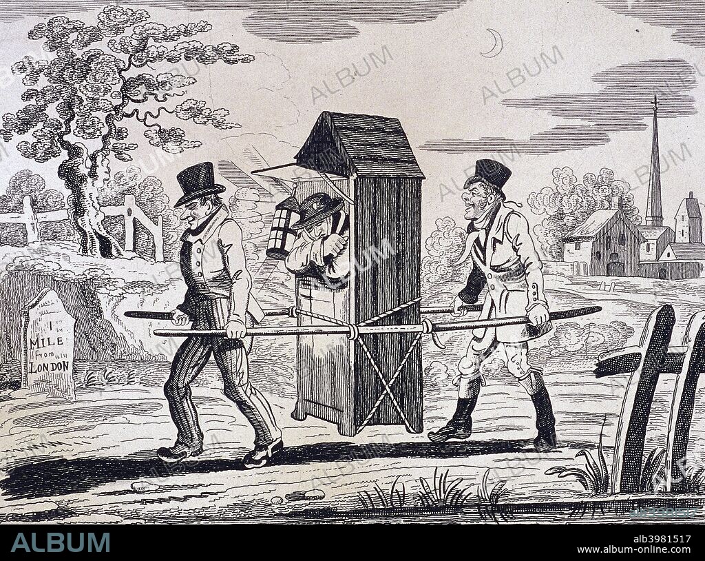 A satire on night watchmen, London, c1825; showing a watchman who has fallen asleep in his box. Two revellers, having attached poles to the box in the manner of a sedan chair have carried it out of its position as far as a mile stone which reads: 1 mile from London.