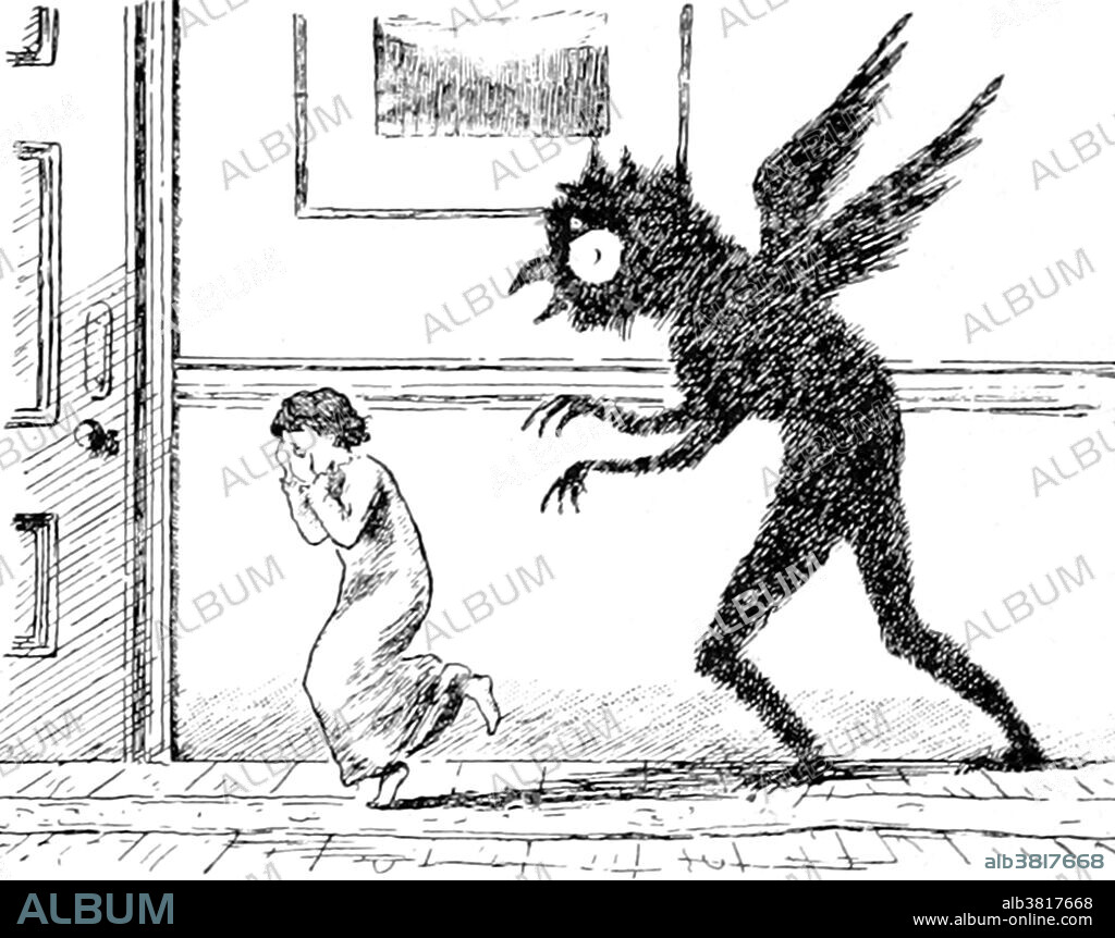Bogeyman is a common allusion to a mythical creature in many cultures used by adults to frighten children into good behavior. This monster has no specific appearance, and conceptions about it can vary drastically from household to household within the same community; in many cases, he has no set appearance in the mind of an adult or child, but is simply a non-specific embodiment of terror. Parents may tell their children that if they misbehave, the bogeyman will get them. Bogeymen may target a specific mischief or general misbehavior, depending on what purpose needs serving. In some cases, the bogeyman is a nickname for the Devil. Bogeyman tales vary by region. The bogeyman is usually a masculine entity, but can be any gender, or simply be androgynous. Image taken from page 162 of "The Young Pretenders" by Edith Henrietta Hamilton with illustrations by P. Burne-Jones, 1895.