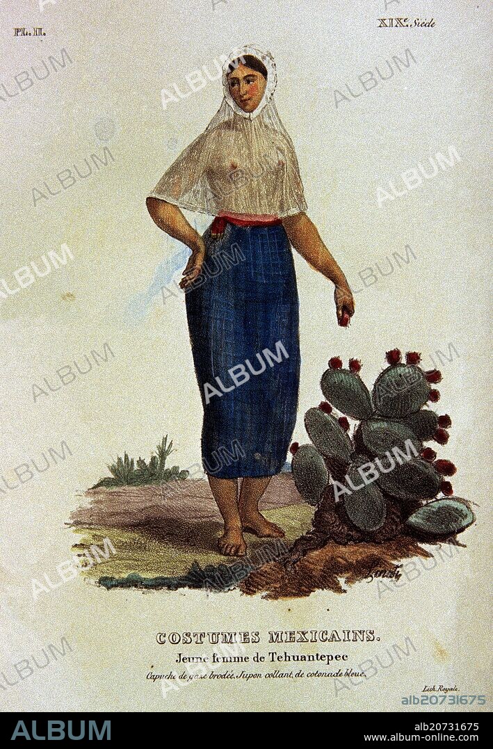 CLAUDIO LINATI. TRAJES CIVILES MILITARES Y RELIGIOSOS DE MEXICO - 1828 - MUJER JOVEN DE TEHUANTEPEC - LITOGRAFIA SIGLO XIX.