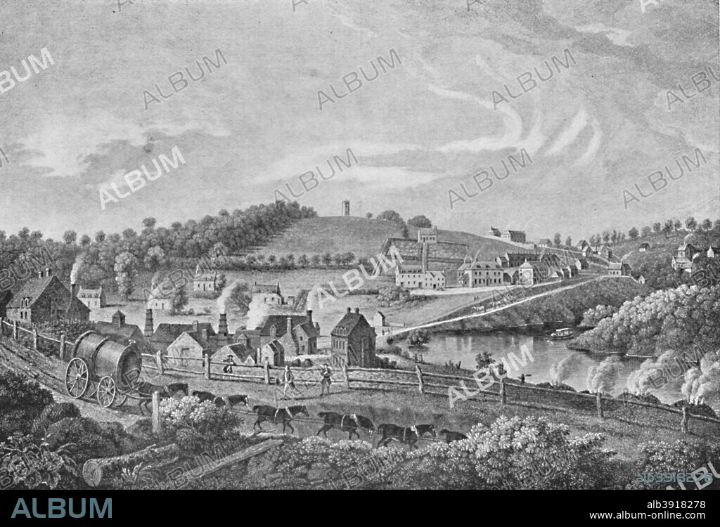 'Coalbrookdale in 1758', 1758, (1904). Coalbrookdale is a village in the Ironbridge Gorge in Shropshire, England, containing a settlement of great significance in the history of iron ore smelting. From Social England, Volume V, edited by H.D. Traill, D.C.L. and J. S. Mann, M.A. [Cassell and Company, Limited, London, Paris, New York & Melbourne, 1904].