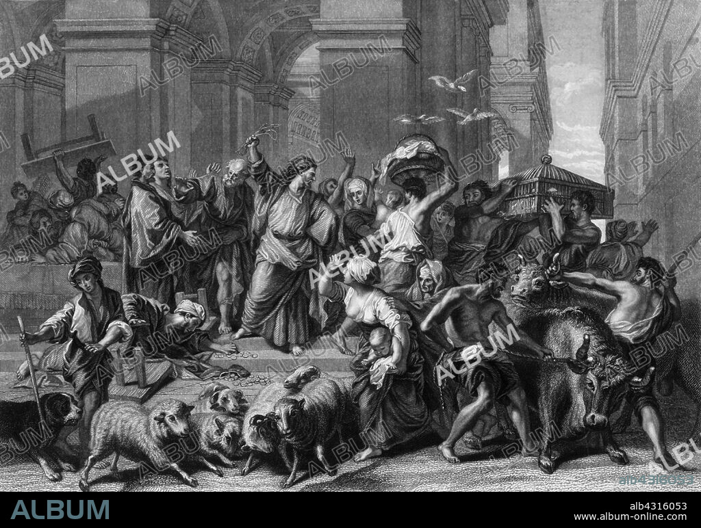WILLIAM HENRY MOTE. 'Make not my Father's house an house of merchandise', mid 19th century. Biblical scene, from John 2: 16: 'And said unto them that sold doves, Take these things hence; make not my Father's house an house of merchandise.' Christ expelling the moneychangers from the Temple. Engraving after a painting of 1706 by Jean Jouvenet.