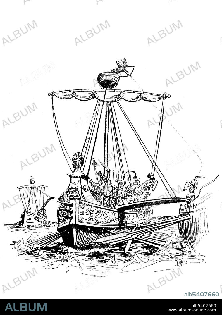 The corvus was a Roman naval boarding device used in sea battles against Carthage during the First Punic War. Polybius describes this device as a bridge 4 ft wide and 36 ft long, with a small parapet on both sides. A pole and a system of pulleys allowed the bridge to be raised and lowered. There was a heavy spike shaped like a bird's beak on the underside of the device, which was designed to pierce and anchor into an enemy ship's deck. This allowed a firm grip between the vessels and a route for the Roman legionaries to cross onto the enemy ship and capture it. Illustration from Ship & Ways of Other Days by Edward Keble Chatterton, 1913 (cropped and cleaned).