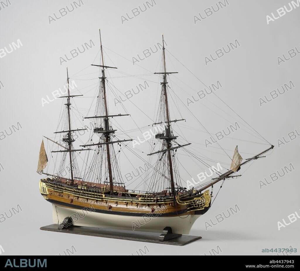 Model of a 42-Gun Bark, Model of a bark, armed with 42 pieces of which 6 are missing. The model has a sculpted mirror with a round shield in which the letter SL (above) P, ship model (propulsion of vehicle, ship, etc. by wind), Kamp and Eere (Ship), anonymous, Netherlands, 1780 - 1830, wood (plant material), brass (alloy), rope, silk, h 131 cm × l 168 cm × w 65 cm.