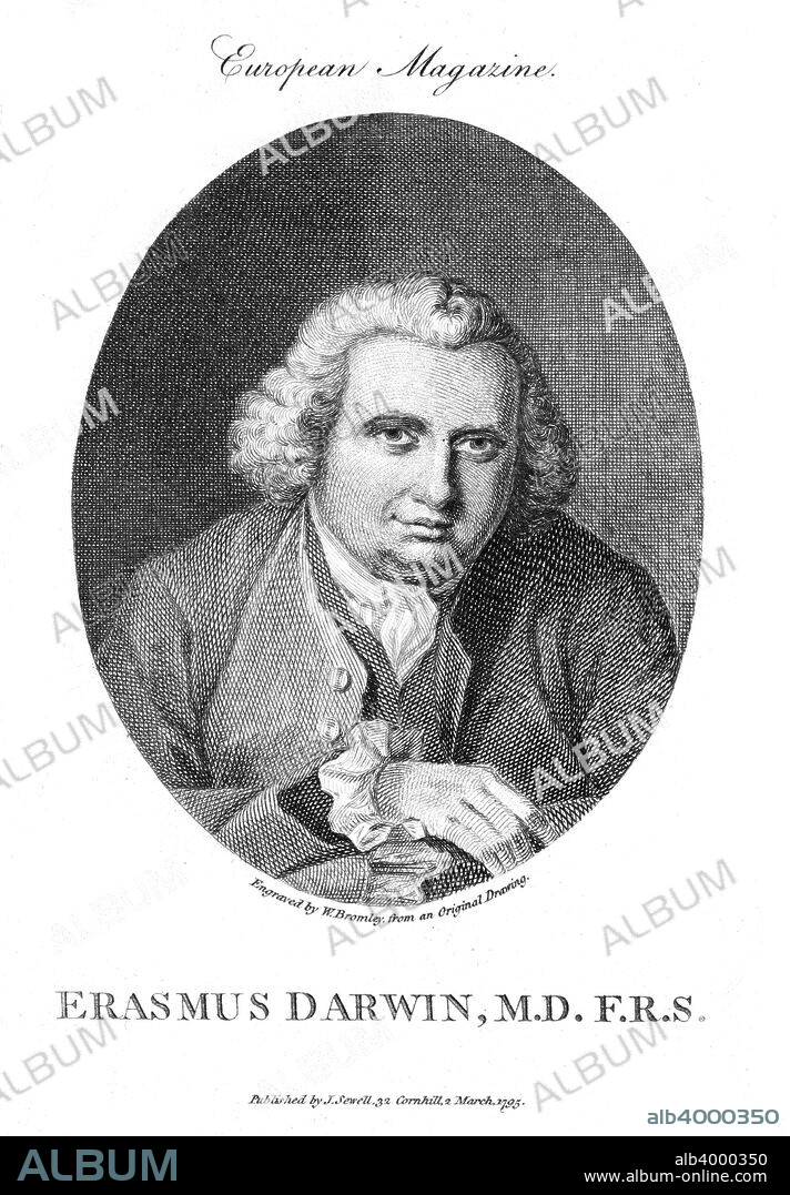 Erasmus Darwin, English physician and naturalist, 1795. Darwin (1731-1802) practiced medicine at Lichfield for 20 years from 1757. In his Zoonomia, or, The Laws of Organic Life (1794-1796), he put forward a formal theory of evolution. He was the grandfather of Charles Darwin and Francis Galton, and was a member of the Lunar Society, a dining club of intellectuals, scientists and businessmen from the Birmingham region, including Matthew Boulton, James Watt, John Wilkinson, Joseph Priestley, Richard Edgeworth and Josiah Wedgwood. From The European Magazine. (London, 1795).