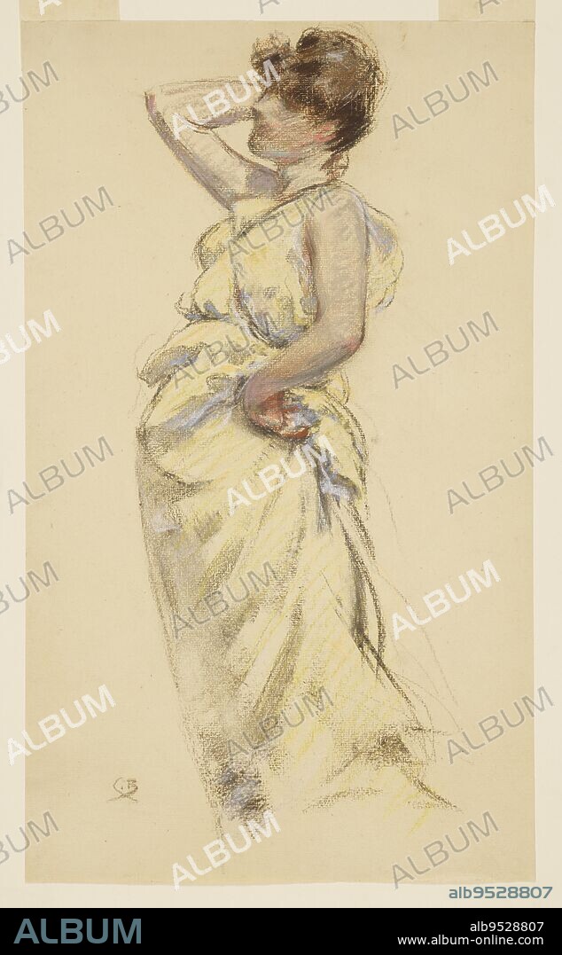 JAMES CARROLL BECKWITH. Full-length figure of a woman, facing toward the left, and wearing a yellow, loose-fitting blouse and skirt. Her left hand rests on her hip, and her right hand is raised by her head. The figure's feet are not shown. pastel on paper. Date: ca. 1900.