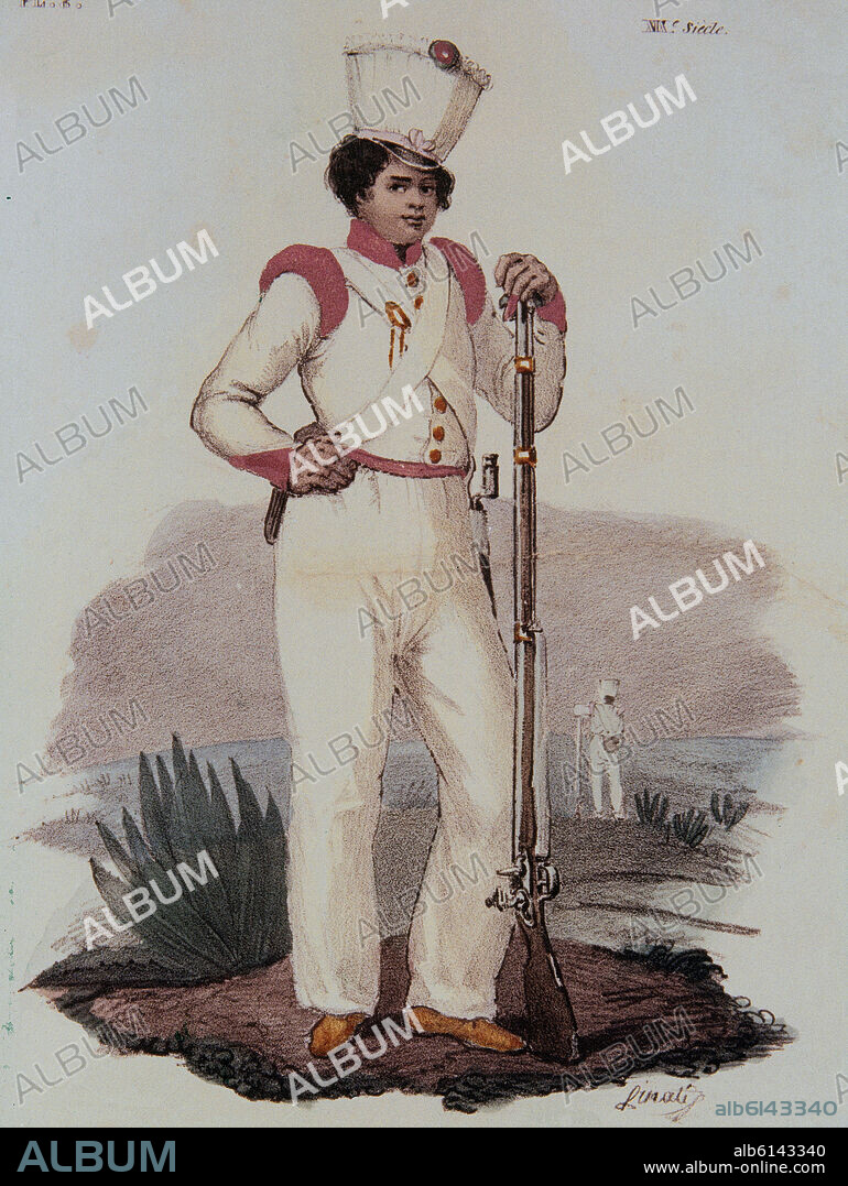 CLAUDIO LINATI. TRAJES CIVILES, MILITARES Y RELIGIOSOS DE MEXICO - 1828 - SOLDADO MEXICANO - LITOGRAFIA SIGLO XIX.