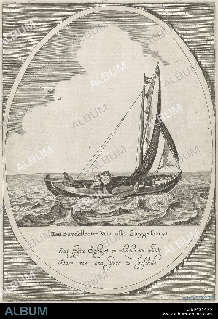 A Buiksloterveer or steigerschuit, 1642, Dirk Eversen Lons, 1642, A Buiksloterveer or steigerschuit, to the right, 1642. With two-line Dutch verse. Sheet No. 9 in a series of ten different Dutch barge types., print maker: Dirk Eversen Lons, publisher: Pieter Goos, Northern Netherlands, 1642, paper, engraving, h 226 mm × w 162 mm.