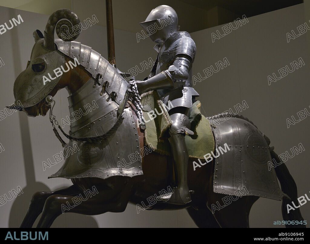 Jousting armour and incomplete horse armour belonging to the Duke of Alcala de los Gazules. Set of defensive parts for man and horse. Made from original parts, tassets from other harnesses and later replicas. Europe, 16th and 19th century. Army Museum. Toledo, Spain.