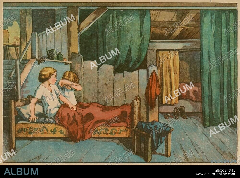 Literature / Hänsel and Gretel. Hänsel und Gretel overhear what their parents are saying. Col. print aft. Hellmut Eichrodt (1872-1943. From: Hänsel and Gretel, signed by Hellmut Eichrodt, retold by Josefa Metz, Hannover (Verlag A.Molling & Comp.) no date (c. 1910), S. (1). Berlin, Sammlung Archiv für Kunst und Geschichte.