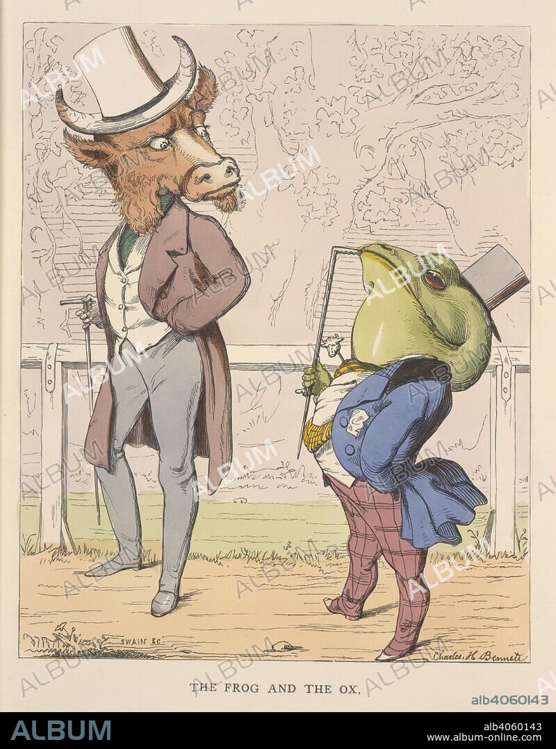 AESOP, C. H BENNETT and J SWAIN. The frog and the ox. The Fables of Ã†sop and others. Translated into hum. W. Kent & Co.: London, 1857. An ox taking a stroll in a London park is accosted by a frog.  Image taken from The Fables of Ã†sop and others. Translated into human nature, designed and drawn on the wood by Charles H. Bennett, etc.  Originally published/produced in W. Kent & Co.: London, 1857. . Source: 12305.g.11, opposite 2. Language: English.