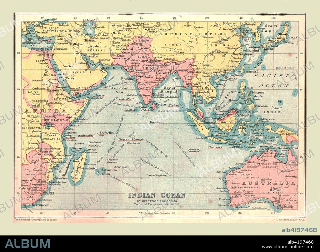 Map of the Indian Ocean, 1902. Showing the coast of East Africa, Arabia, the Indian subcontinent, the Far East and part of Australia. From The Century Atlas of the World. [John Walker & Co, Ltd., London, 1902].