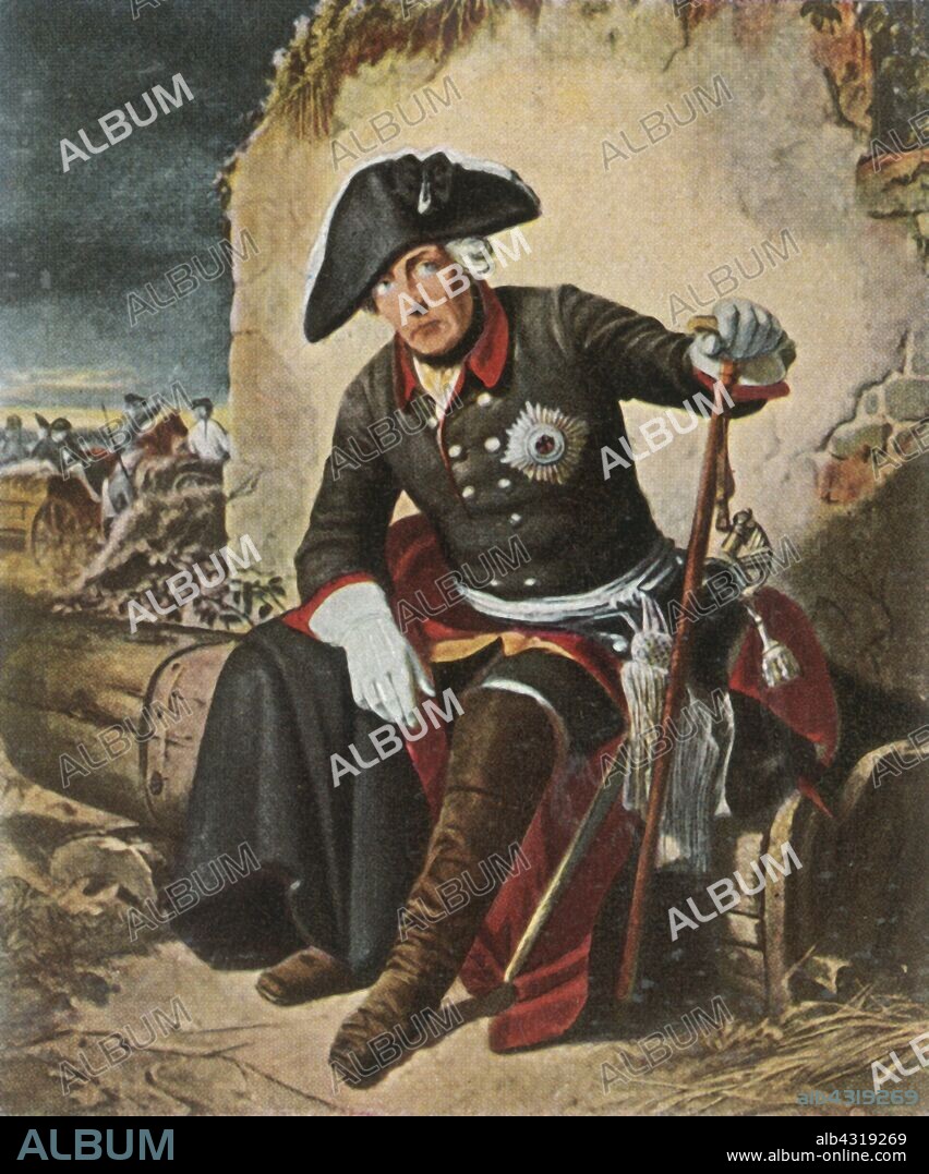 Frederick the Great after the Battle of Kolín, 18 June 1757, (1936). 'Friedrich Der Grosse Nach Der Schlacht Bei Kolin, 18 Juni 1757'. King Frederick the Great of Prussia (1712-1786) looking despondent after his army was defeated by the Austrians at Kolín, Bohemia, (modern-day Czech Republic). After a painting made c1900. From "Bilder Deutscher Geschichte", (Pictures of German History), No.12, cigarette card album. [Cigaretten-Bilderdienst, Altona-Bahrenfeld, Hamburg, Germany, 1936].