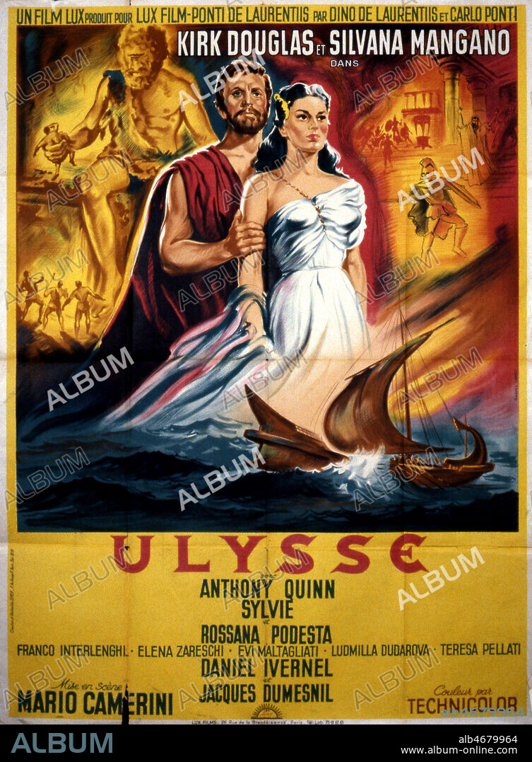 Affiche de CINEMA, ULYSSE , film de Mario CAMERINO, 1953 production LUXFILMS avec Kirk Douglas et Silvana Mangano. Credit COllection privee PERRON/ KHARBINE TAPABOR.