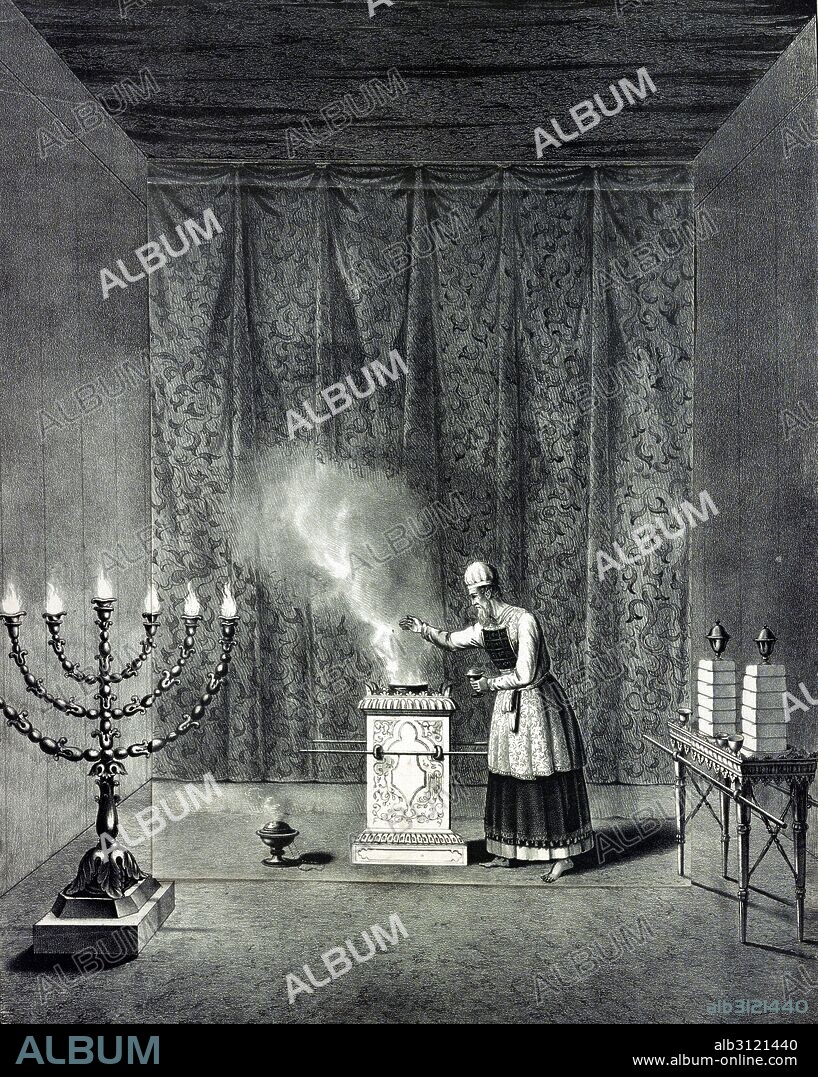 The holy place. Print shows, at center, a priest putting incense into a censer on "The Altar of Incense", a large portable stand with carrying rods on two sides, a small censer sits on the floor nearby. On the left is "The Golden Candlestick" and on the right is "The Table of Showbread". A large curtain hangs in the background. The central scene is a printed flap, which can be raised to display an underlying scene of the "Holy of Holies" with a priest kneeling to the left of the "Ark of the Covenant".