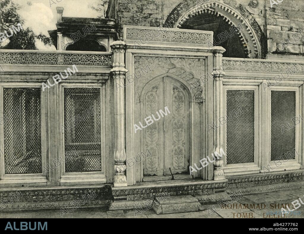'Mohammad Shah's Tomb, Delhi'. Pierced marble screens at the tomb of Mughal emperor Nasir-ud-Din Muhammad Shah (1702-1748) in Delhi, India. The tomb, built in the mid 18th century, lies within the sufi shrine of Hazrat Nizamuddin Auliya. Postcard.