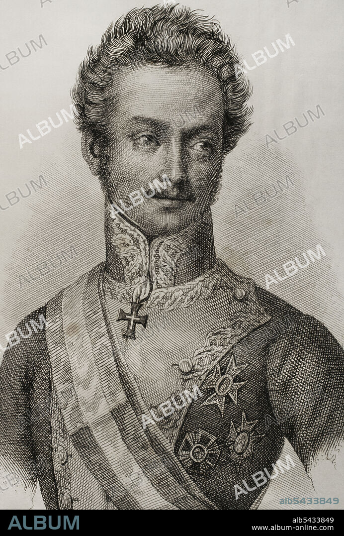 Luis Fernández de Córdoba y Valcárcel (Cádiz, 1798-Lisboa, 1840). Teniente general español. De ideas absolutistas, durante el reinado de Fernando VII se sublevó contra el gobierno durante el Trienio Liberal, siendo uno de los promotores de la fracasada sublevación de la Guardia Real en Madrid el 7 de julio de 1822, motivo por el que tuvo que exiliarse en Francia. Retrato. Grabado por Martínez. Panorama Español, Crónica Contemporánea. Tomo III. Madrid, 1845.