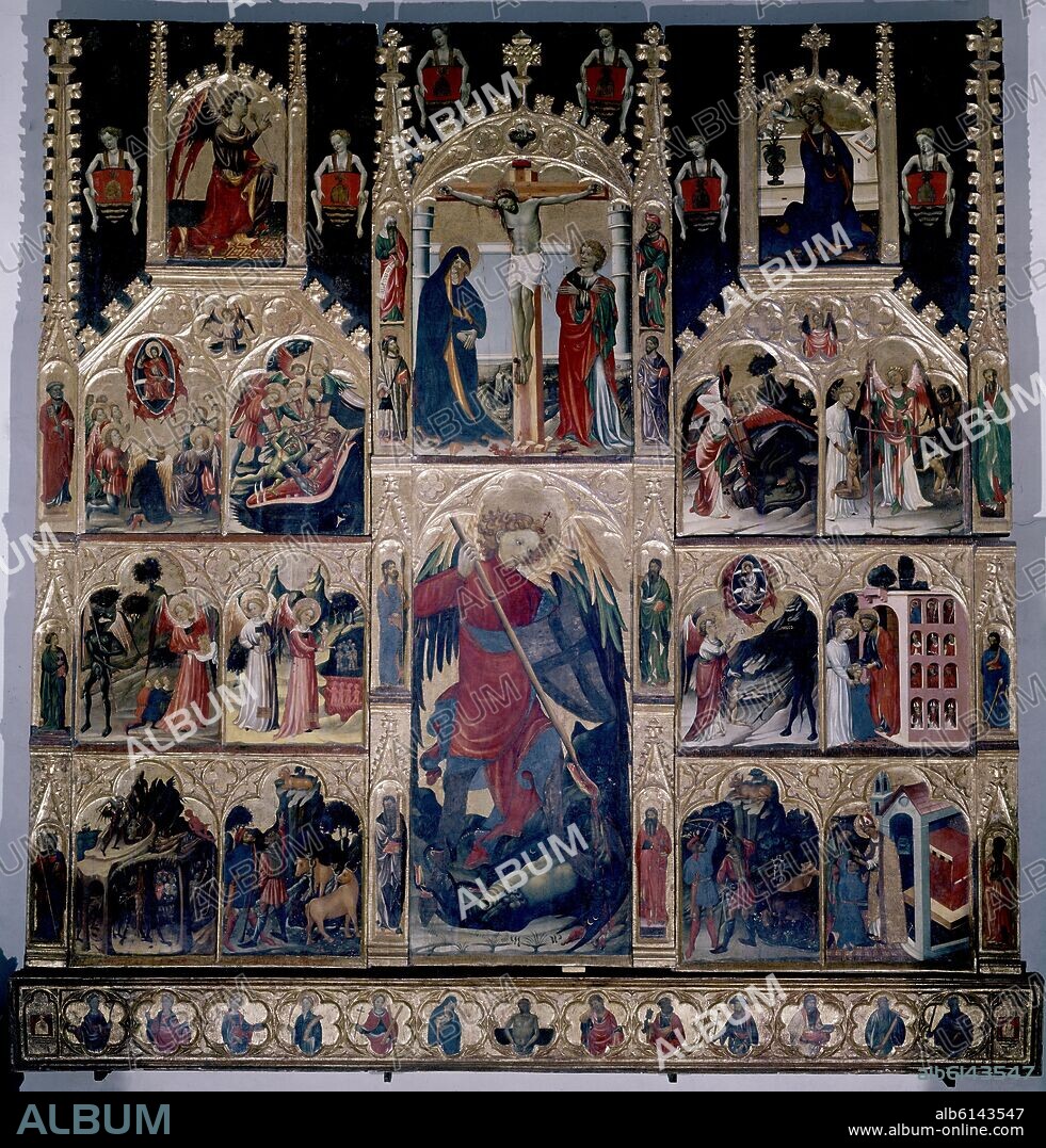 NICOLAU PERE / ALCAÑI MIGUEL / COLLERIA / MARÇAL DE SAX. RETABLO GOTICO DE SAN MIGUEL - SIGLO XV.