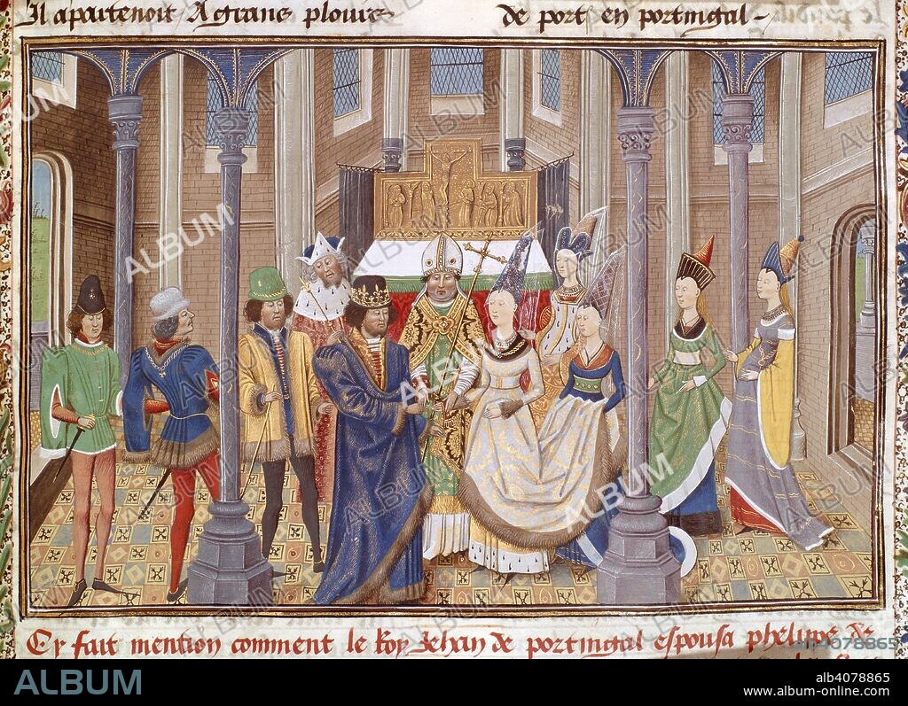 Marriage of King John I of Portugal to Philippa of Lancaster, in 1387. Chronique d' Angleterre (Volume III). S. Netherlands (Bruges), late 15th century. (Miniature) A royal wedding. Source: Royal 14 E. IV, f.284. Language: French.