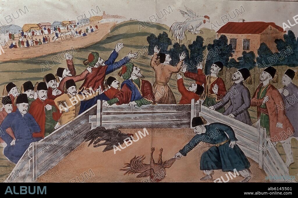 LITOGRAFIA DE PELEA DE GALLOS DE LA ANTIGUA RUSIA - 1855.